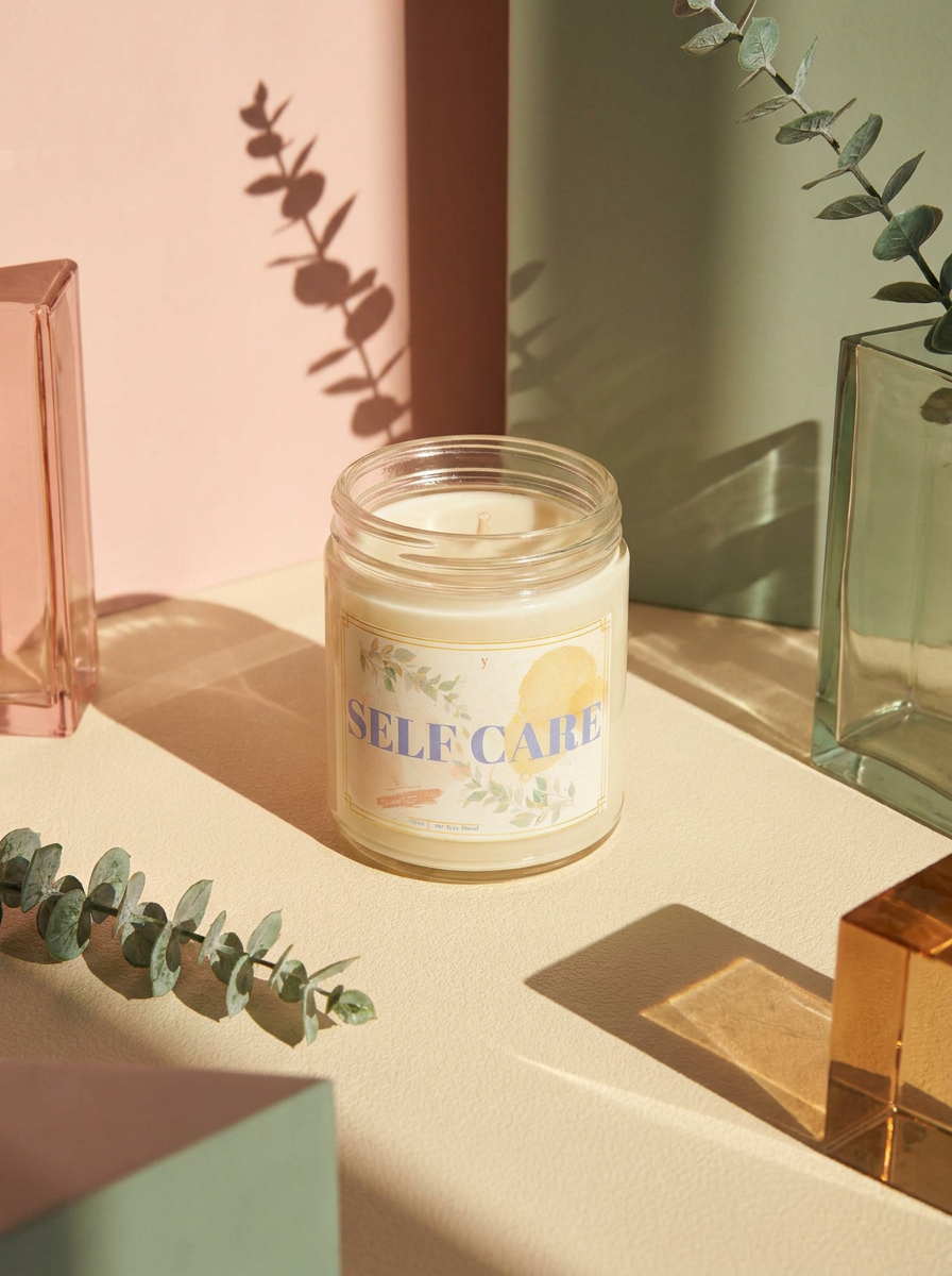 A glass jar candle labeled 'SELF CARE' sits on a beige surface with decorative eucalyptus branches and pastel blocks in the background.