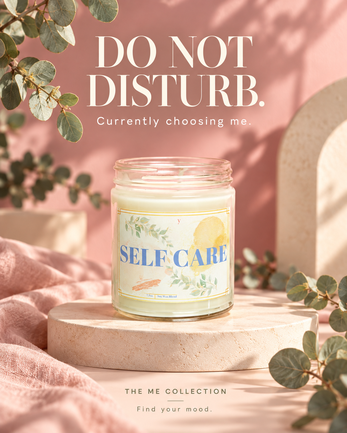 CockyTale Self Care candle in a clear glass jar with cream wax, blue lettering and botanical artwork on an ivory label.