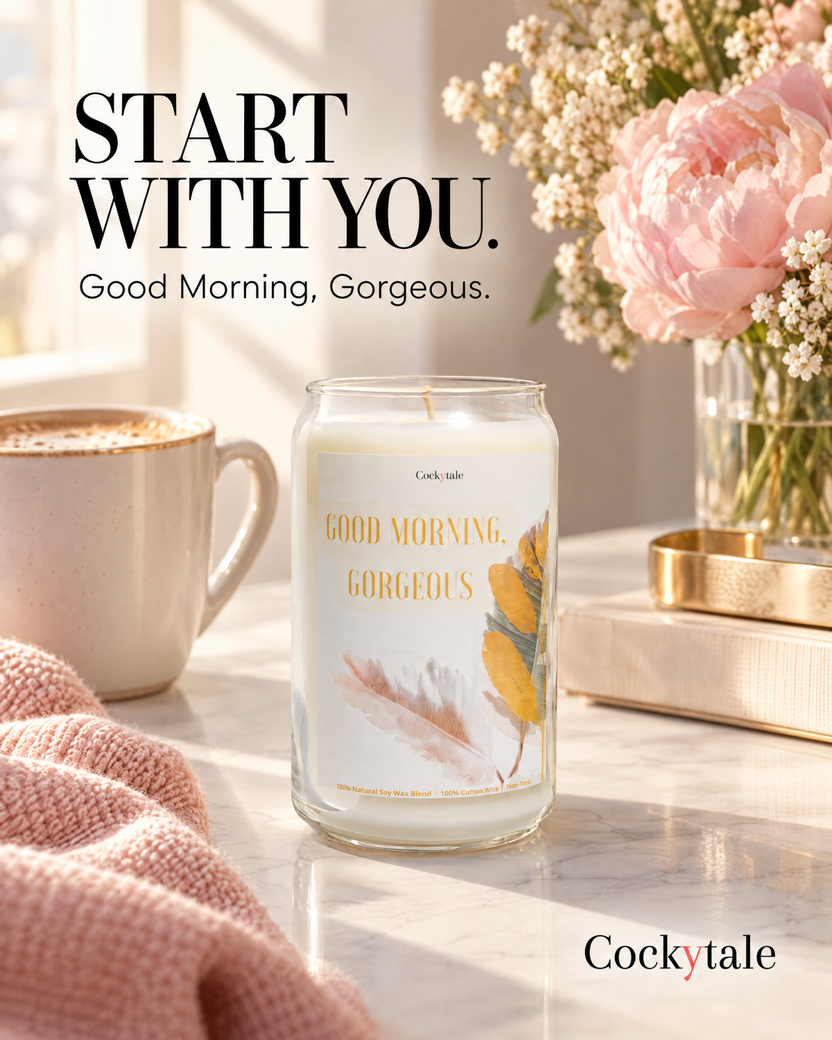 A glass jar candle labeled 'Good Morning, Gorgeous' sits on a marble surface in a styled room scene with a mug, flowers, books, and a pink knit blanket. The brand name Cockytale appears at the bottom right.