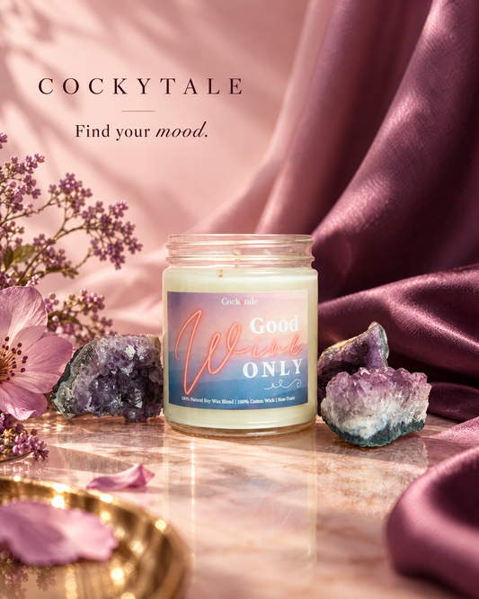 A jar candle labeled 'COCKYTALE Good wine ONLY' sits on a reflective marble surface surrounded by purple crystals, pink flowers, and draped satin fabric. Text at the top reads 'COCKYTALE Find your mood.