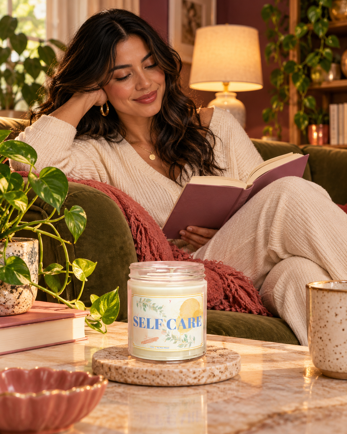 A woman relaxes on a green couch reading a book in a cozy living room, with a jar candle labeled 'SELF CARE' placed on a table in the foreground.