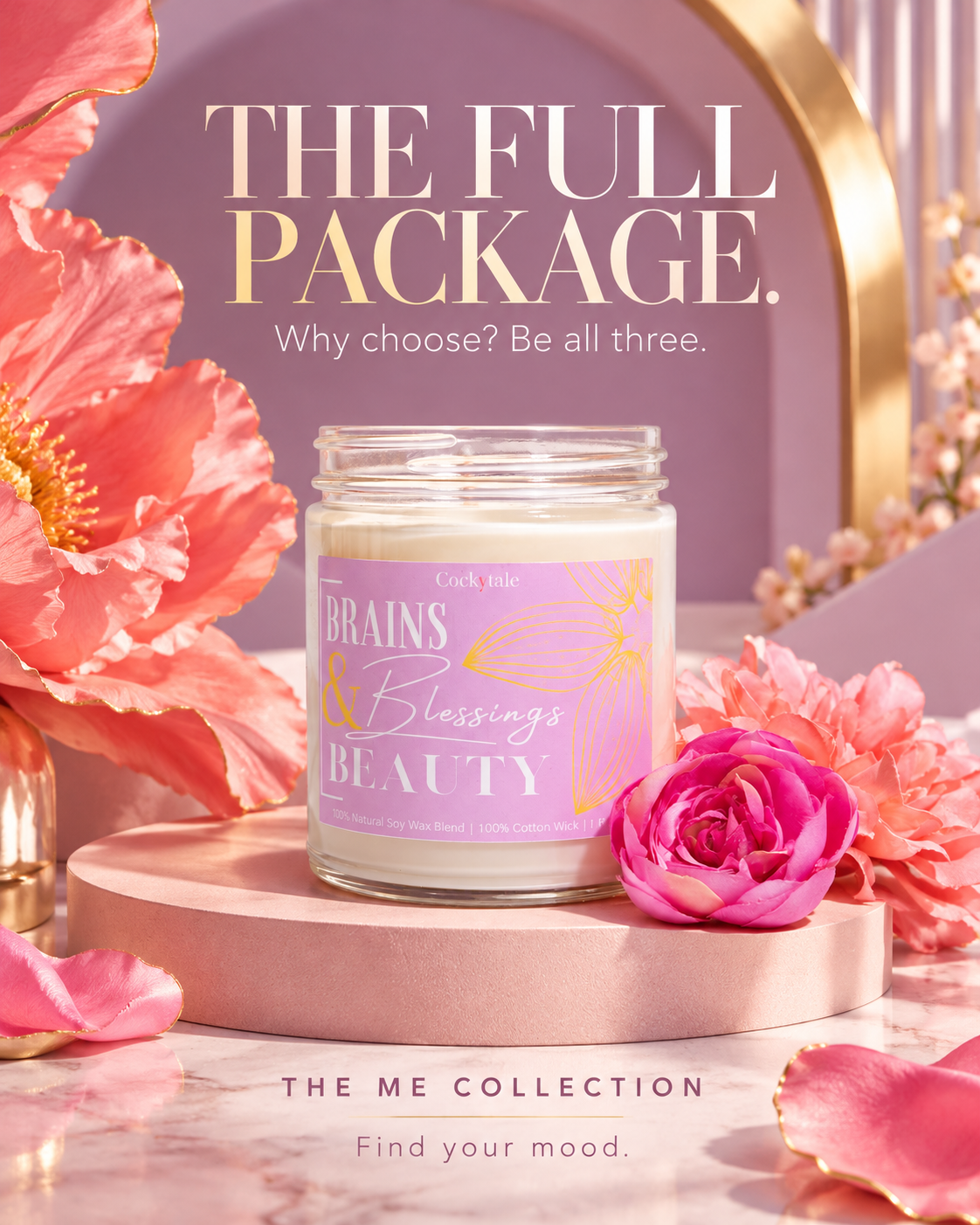 CockyTale Brains, Beauty & Blessings candle in a clear glass jar with cream wax, a pink-lavender label and gold floral artwork.